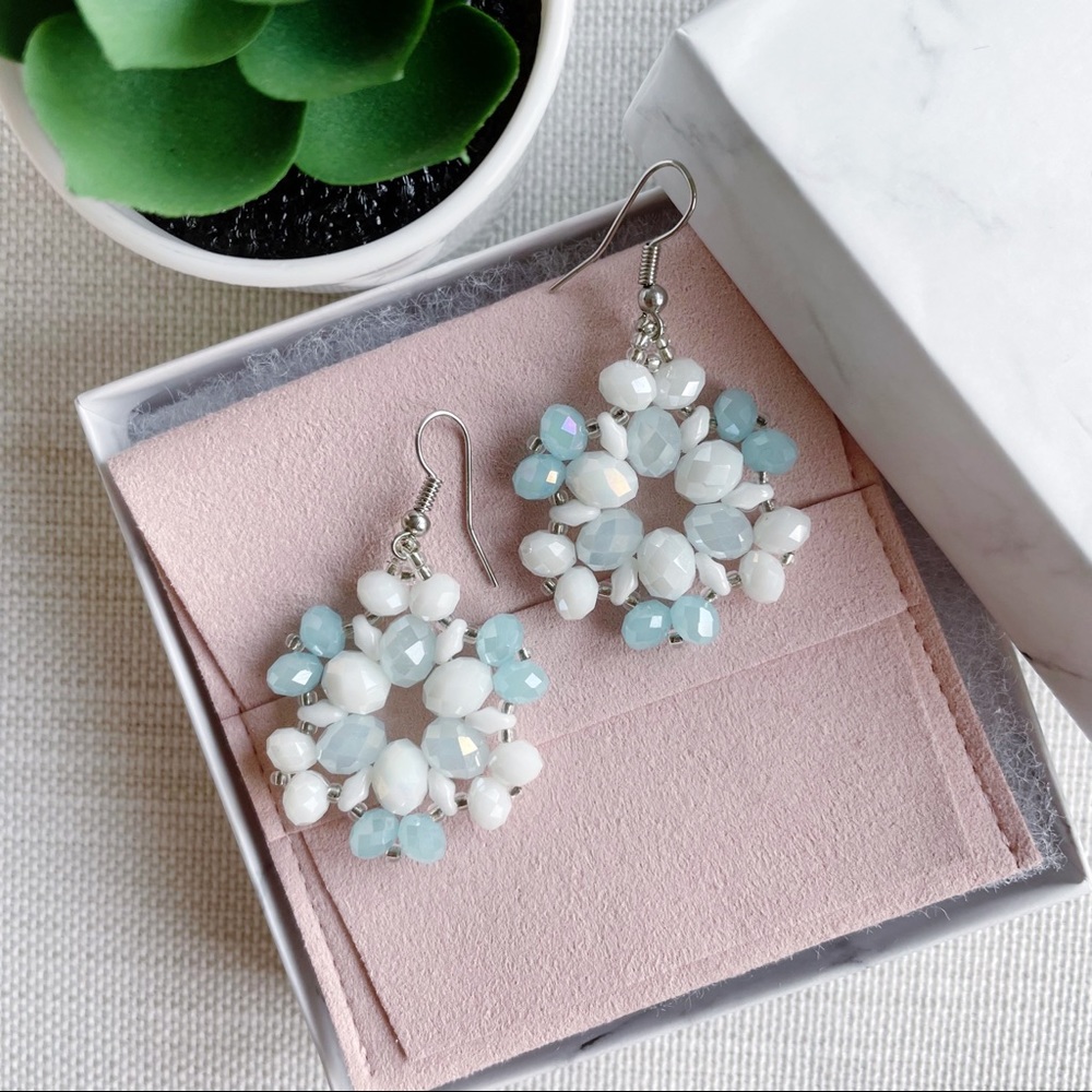 Handmade silver, blue and white crystal snowflake beaded earrings